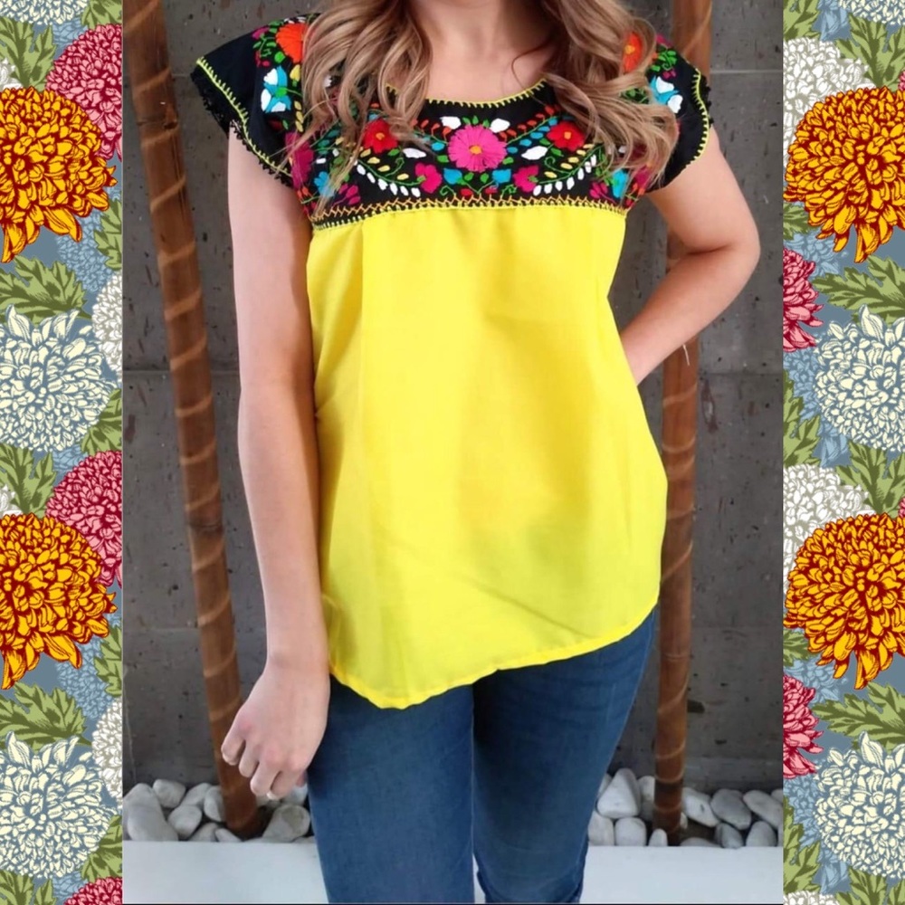 Mexican Floral Embroidered Yellow Blouse